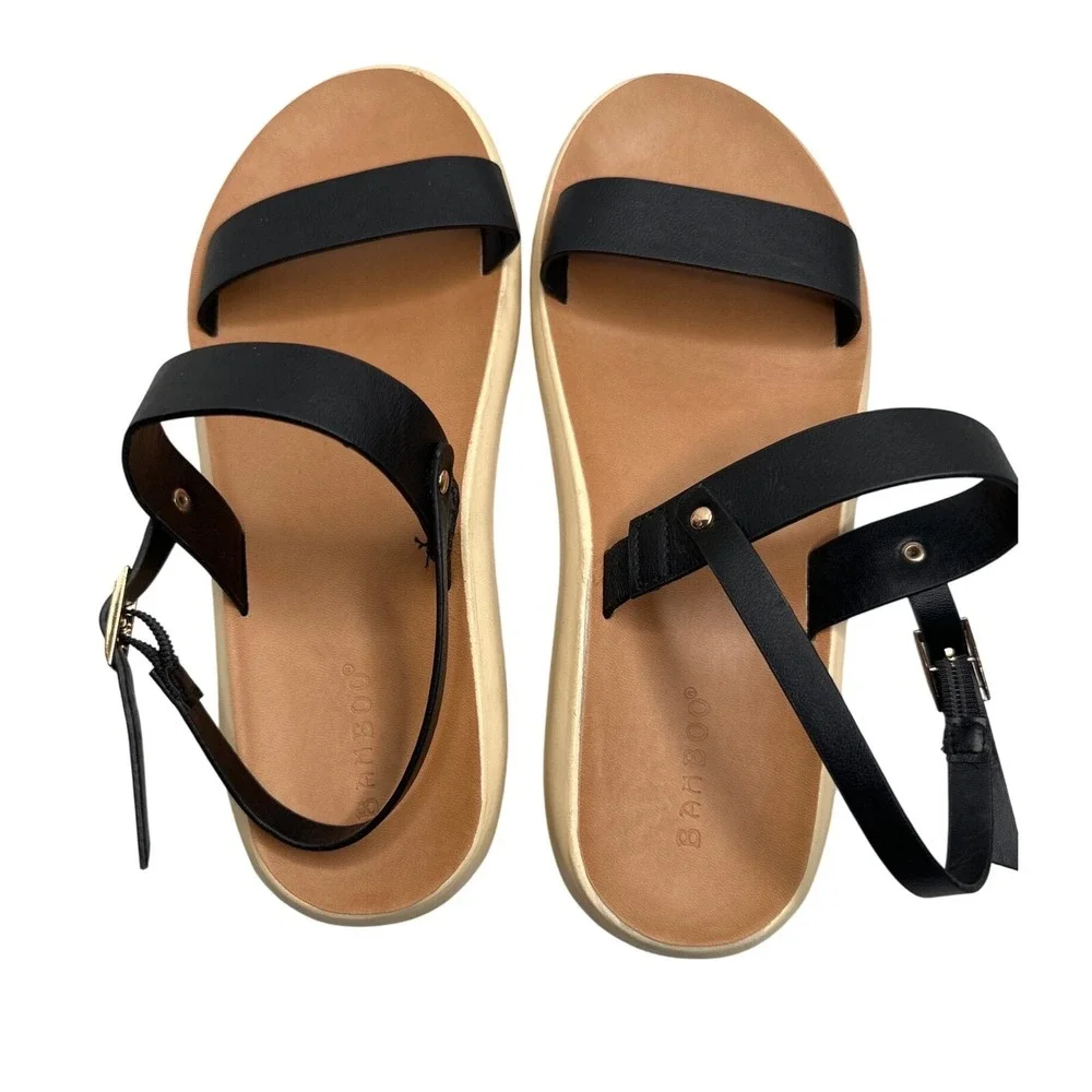 Bamboo Womens Black Ankle Strap Flat Sandals Size 8.5 Tan Footbed Buckle Closure